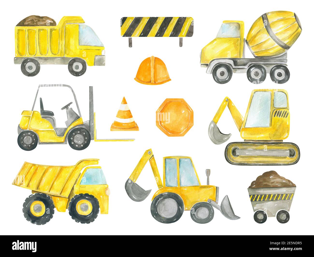 Collection de machines de construction aquarelle peinte à la main. Camion à benne basculante, pelle hydraulique, bulldozer, tracteur, mélangeur de béton Banque D'Images