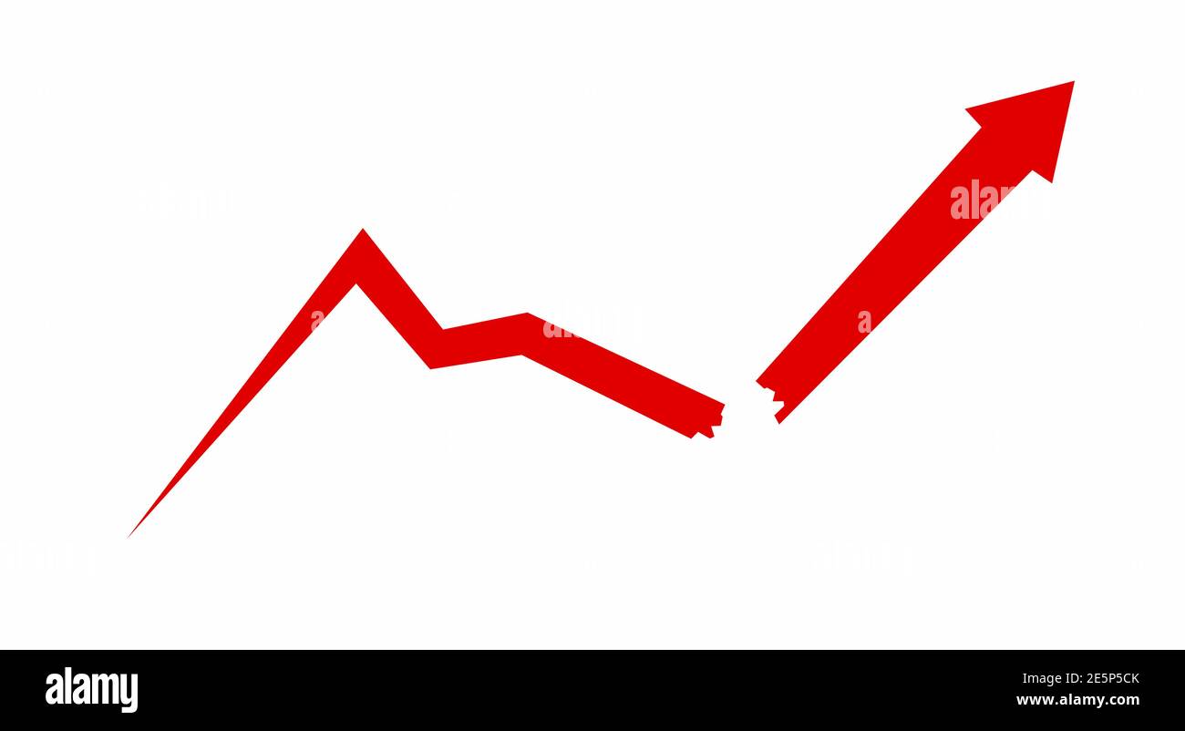 Une flèche rouge brisée, la tendance vers le bas s'est inversée et la tendance vers le haut. Symbole d'amélioration, de perturbation, d'inversion des pertes, de manipulation des stocks, de profit, de croissance Illustration de Vecteur