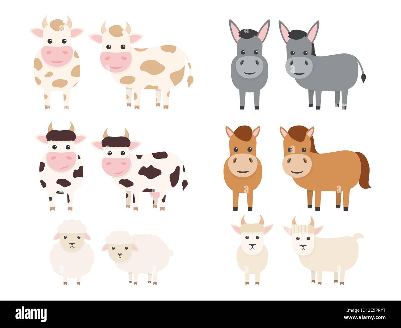 Ensemble animaux de ferme. Taureau, vache, âne, cheval, mouton et chèvre à caractère plat. Illustration vectorielle isolée sur blanc. Illustration de Vecteur