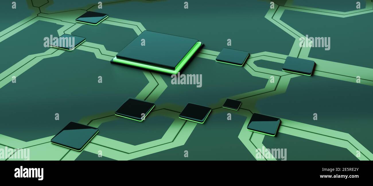 Unité centrale de traitement sur carte de circuit imprimé avec connexions, concept matériel de micro-processeur futuriste, rendu CGI 3D, arrière-plan technologique Banque D'Images