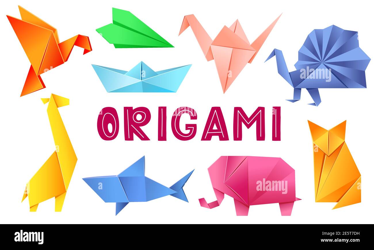 Papier formes d'origami - oiseau, avion, grue, paon, girafe, bateau, requin, renard, éléphant. L'art japonais des figures de papier pliant est un passe-temps, le travail du besoin. Journée mondiale de l'origami, Journée de la grue blanche. Vecteur Illustration de Vecteur