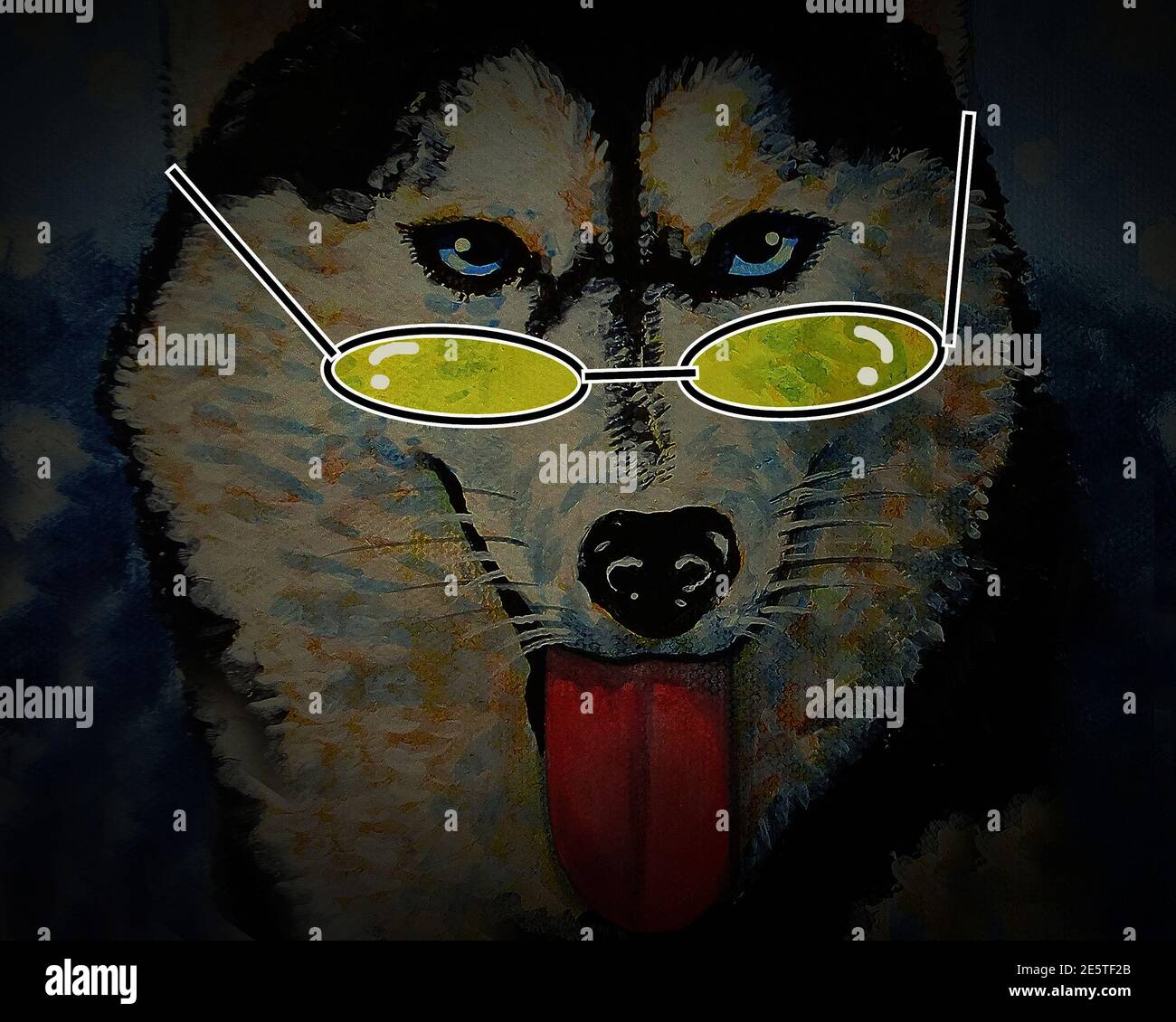 Peinture d'art, couleur de l'huile, sourire, mignon, Husky sibérien, chien, portant des lunettes Banque D'Images
