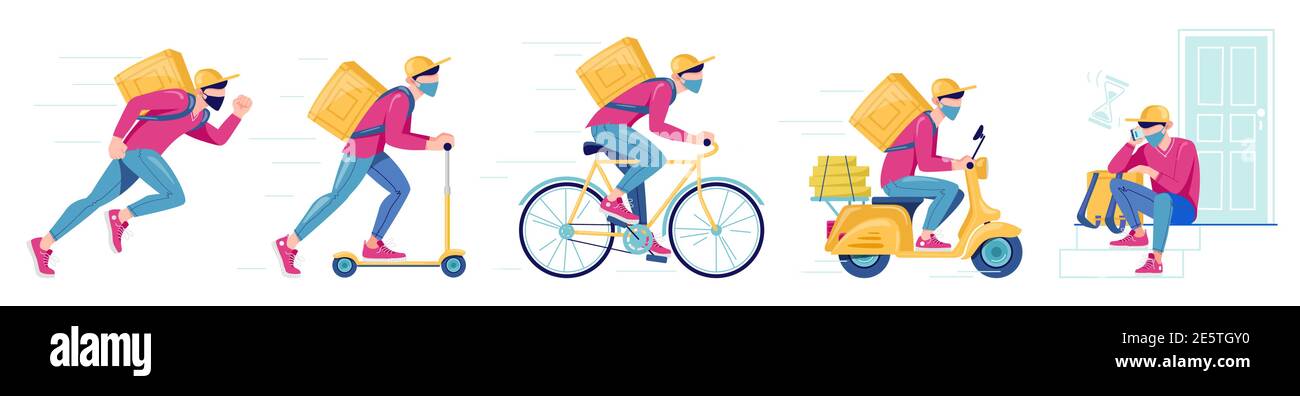 Ensemble de méthodes de livraison pour les marchandises, les aliments. Divers équipements de messagerie. Livraison rapide à pied, scooter, vélo, moto. Un coursier portant un masque de protection attend les clients. Illustration vectorielle Illustration de Vecteur