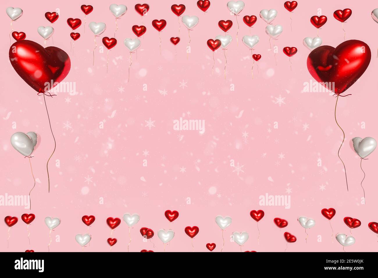 Une composition créative romantique. Bonne Saint Valentin. Objets décoratifs en 3d réalistes, ballons en forme de coeur pour banderole et poster des fêtes. Banque D'Images