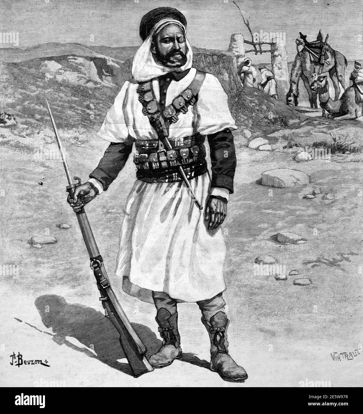 Mogazni ou Mokhazni Soldat auxiliaire colonial français Afrique du Nord 1904 Illustration ancienne ou gravure Banque D'Images