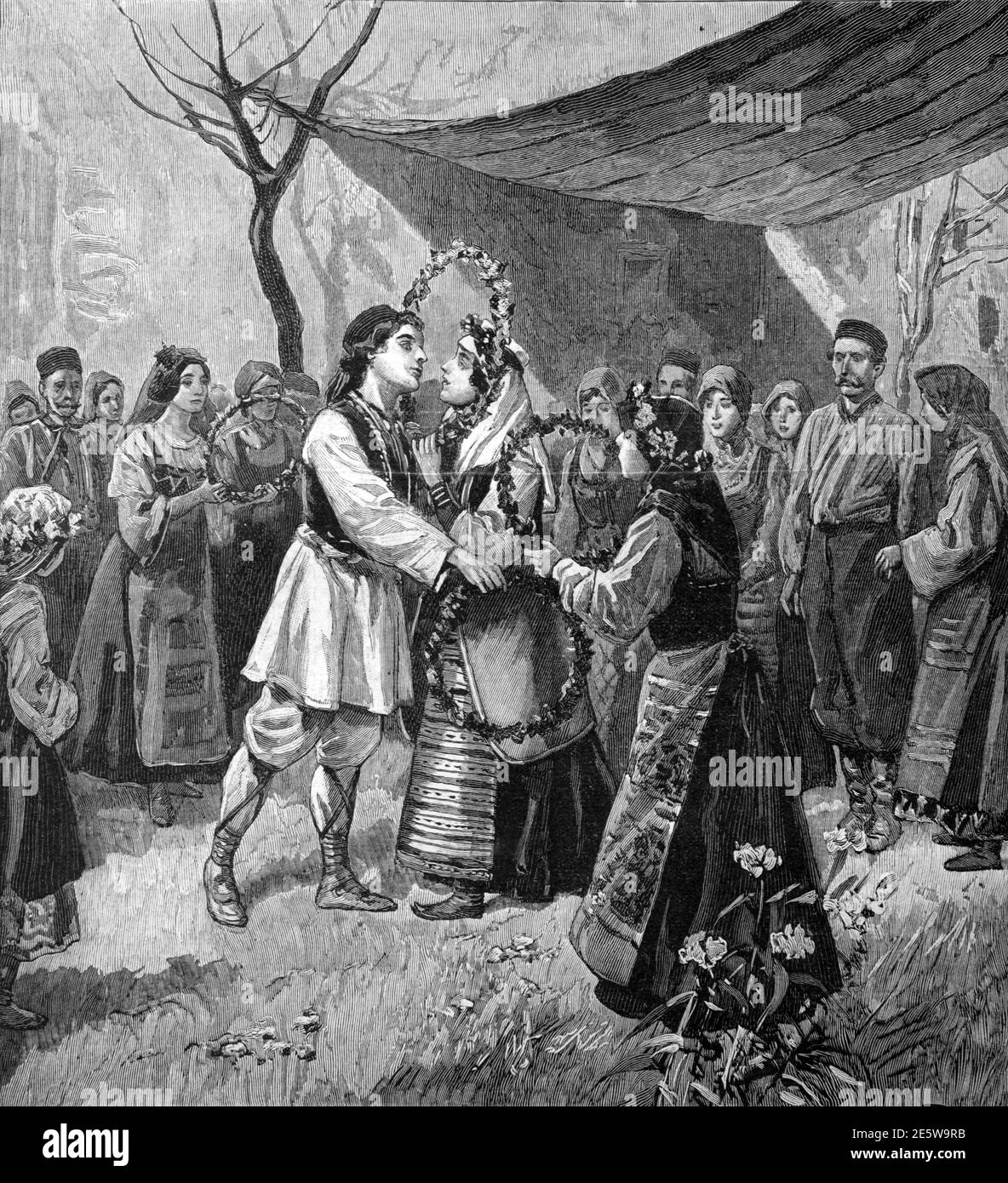 Cérémonie de mariage ou de mariage en Serbie avec mariée et marié Et les clients portant un costume serbe traditionnel 1903 Vintage Illustration Or Gravure Banque D'Images