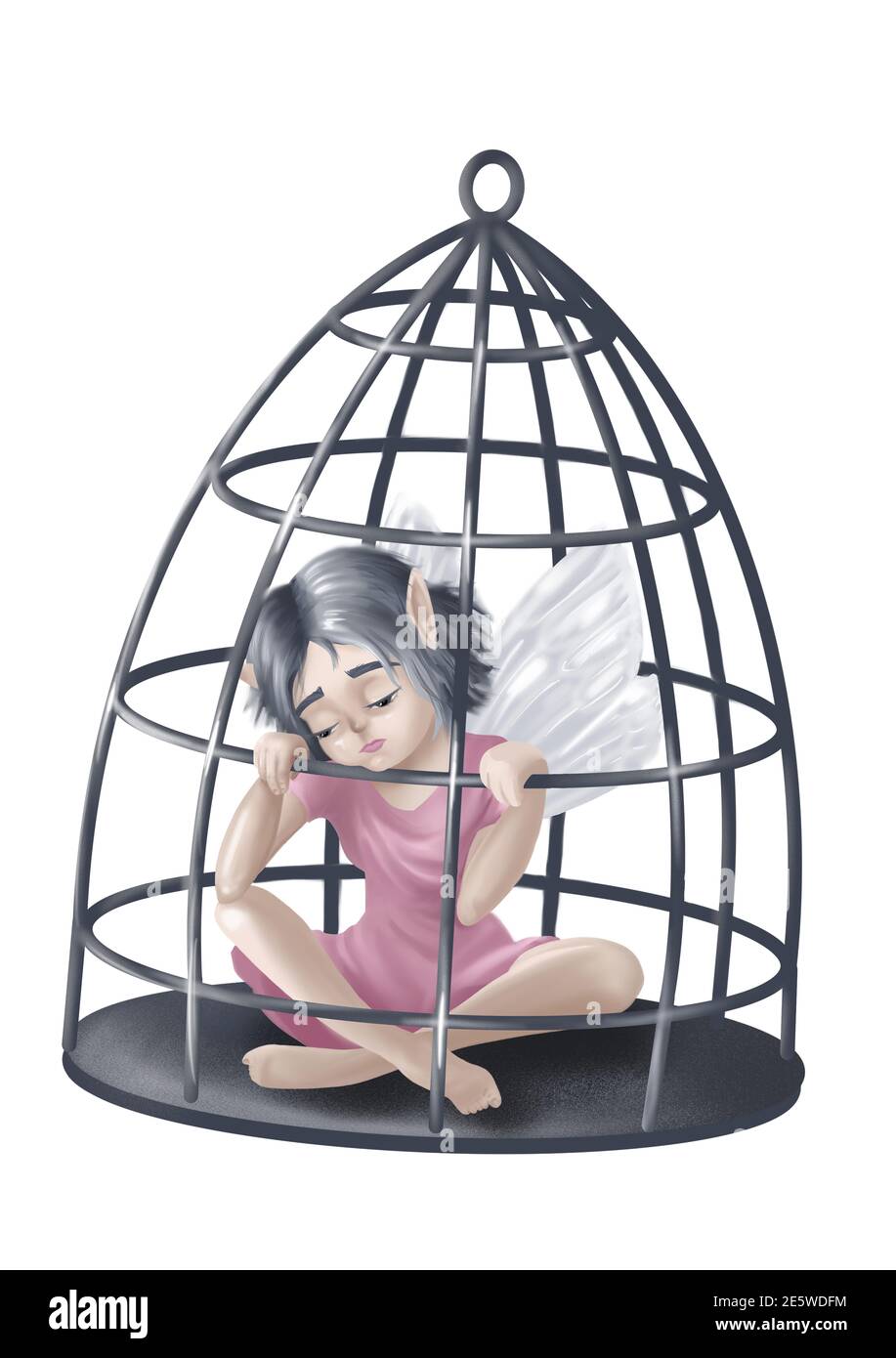 Personnage de dessin animé mignon malheureux fille elf assis dans une cage de fer. Isolation de verrouillage. Imprimer carte postale. Banque D'Images
