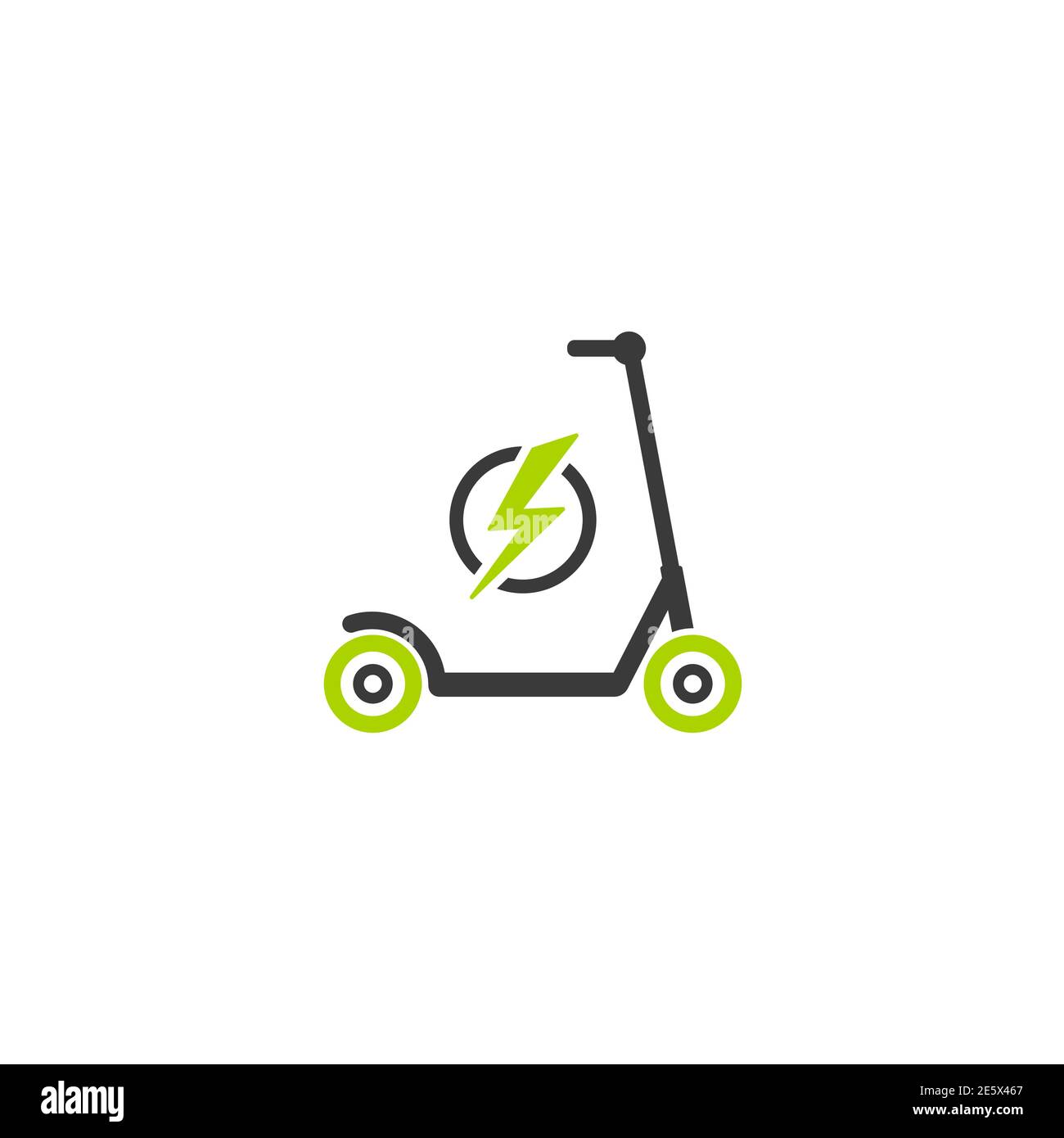 Scooter noir et vert ou vélo d'équilibre avec icône éclair. Scooter poussoir plat isolé sur blanc. Illustration de la charge vectorielle. Transport écologique Illustration de Vecteur