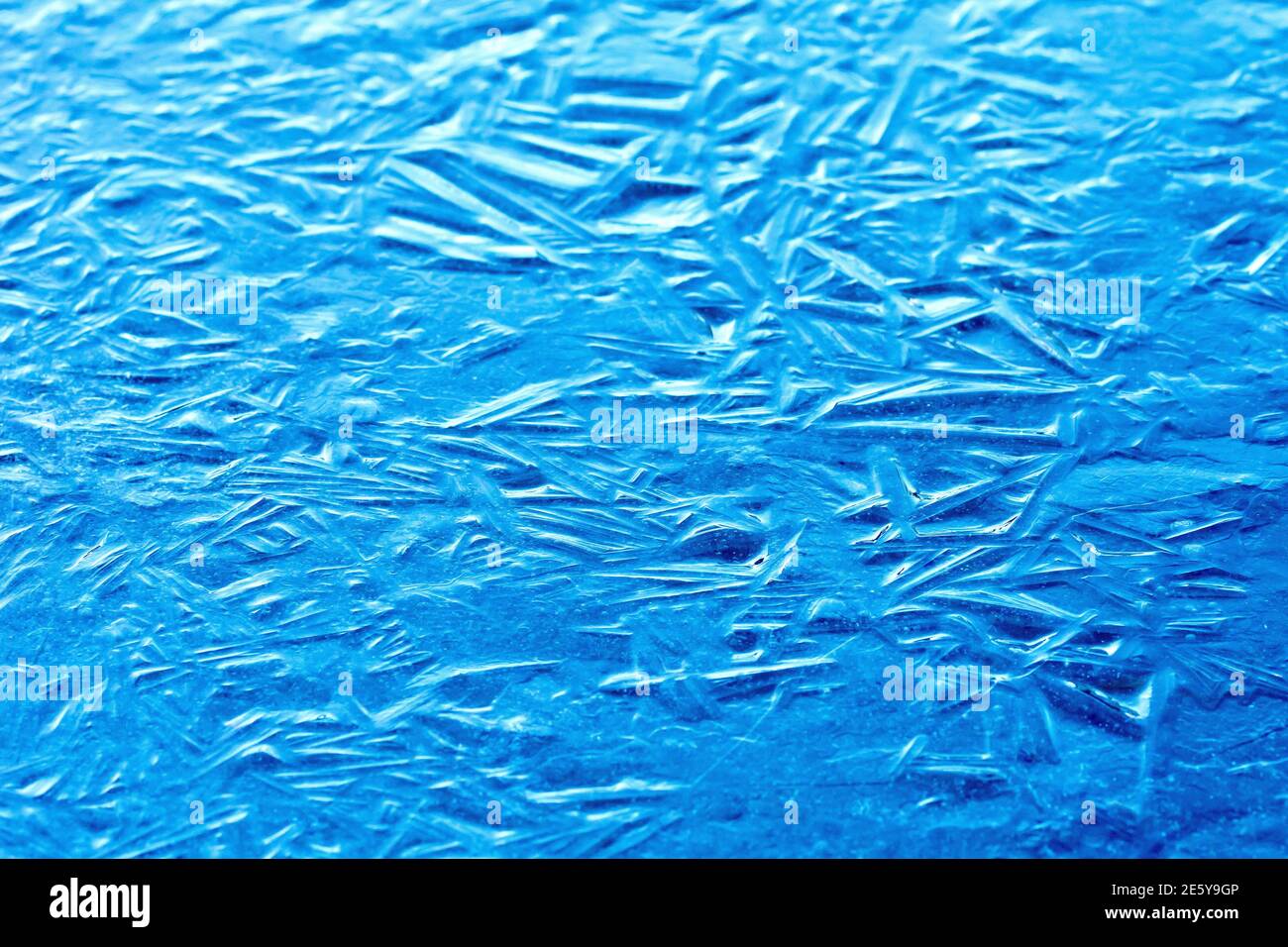 Gros plan montrant le motif fracturé aléatoire sur la surface d'une feuille de glace. Banque D'Images
