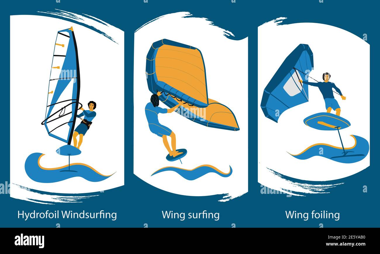 Windfoiling et Wing surf - les styles de planche à voile que surfeur utilise Un panneau spécial avec hydroptère et aile - gonflable portatif voile Illustration de Vecteur