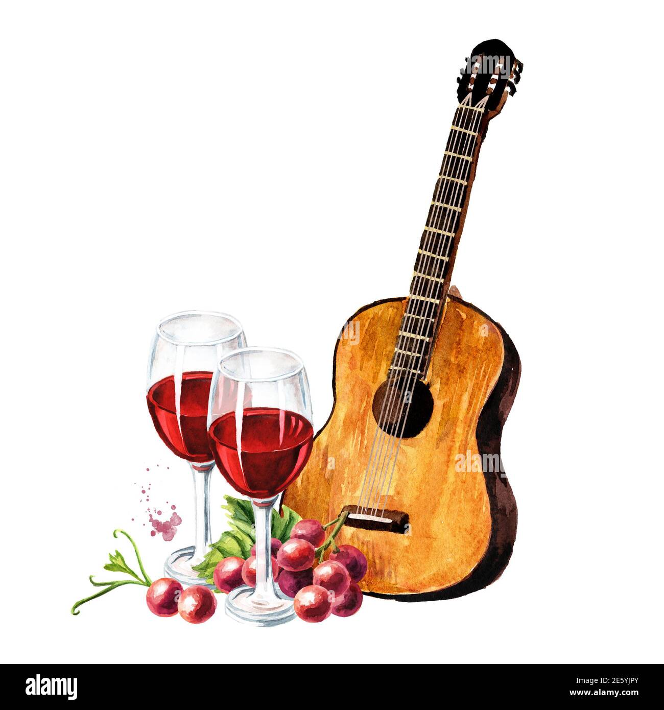 Guitare en bois, instrument de musique et vin. Illustration aquarelle  dessinée à la main isolée sur fond blanc Photo Stock - Alamy