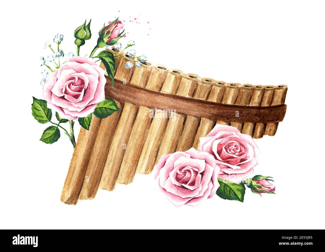 Flûte ou panpipe en bois, instruments de vent musical et fleurs roses. Illustration aquarelle dessinée à la main isolée sur fond blanc Banque D'Images
