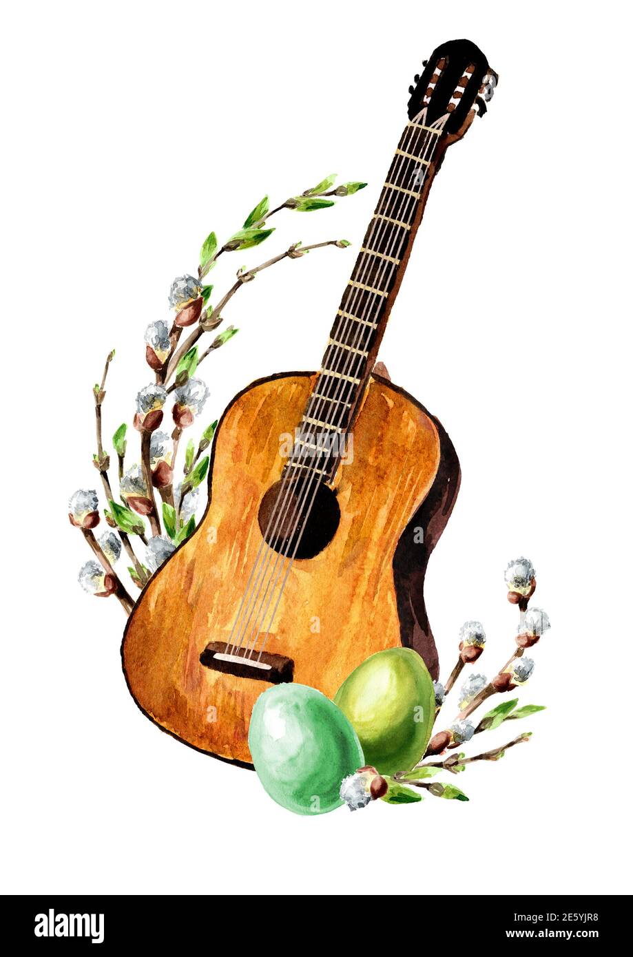 Guitare en bois instrument à cordes et fleurs de printemps. Concept joyeuses Pâques. Concept de musique de printemps. Isola d'illustration aquarelle dessinée à la main Banque D'Images