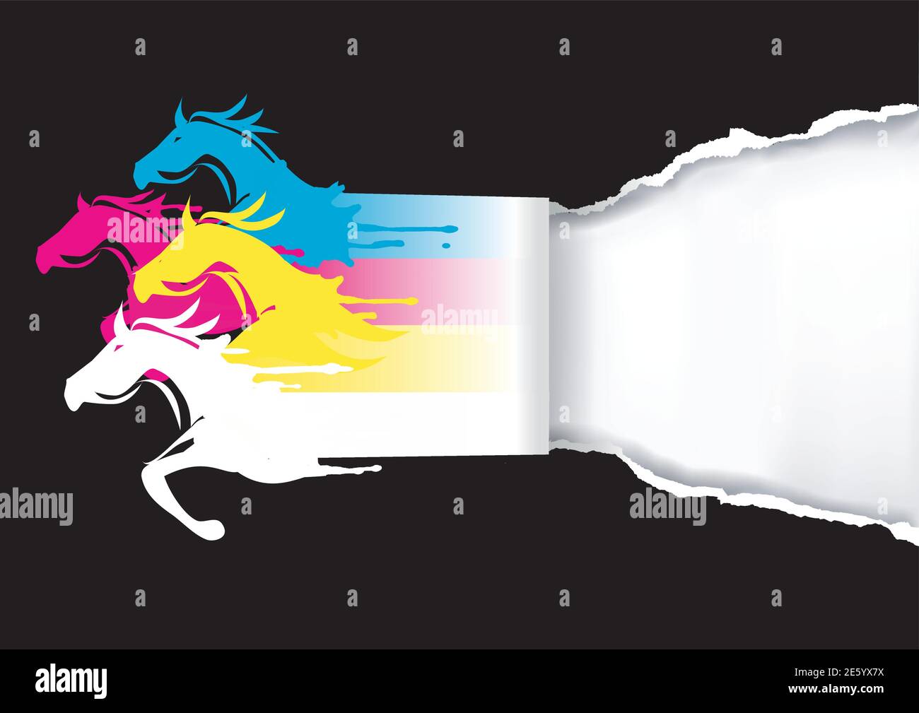 Impression rapide concept, impression couleur . Quatre chevaux de course dans les couleurs du modèle de couleur CMJN déchirant le papier noir.modèle de bannière. Vecteur disponible. Illustration de Vecteur
