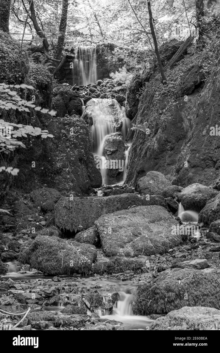 Longue exposition chute d'eau de Clampitt Falls aux chutes Canonteign de Dartmoor Banque D'Images