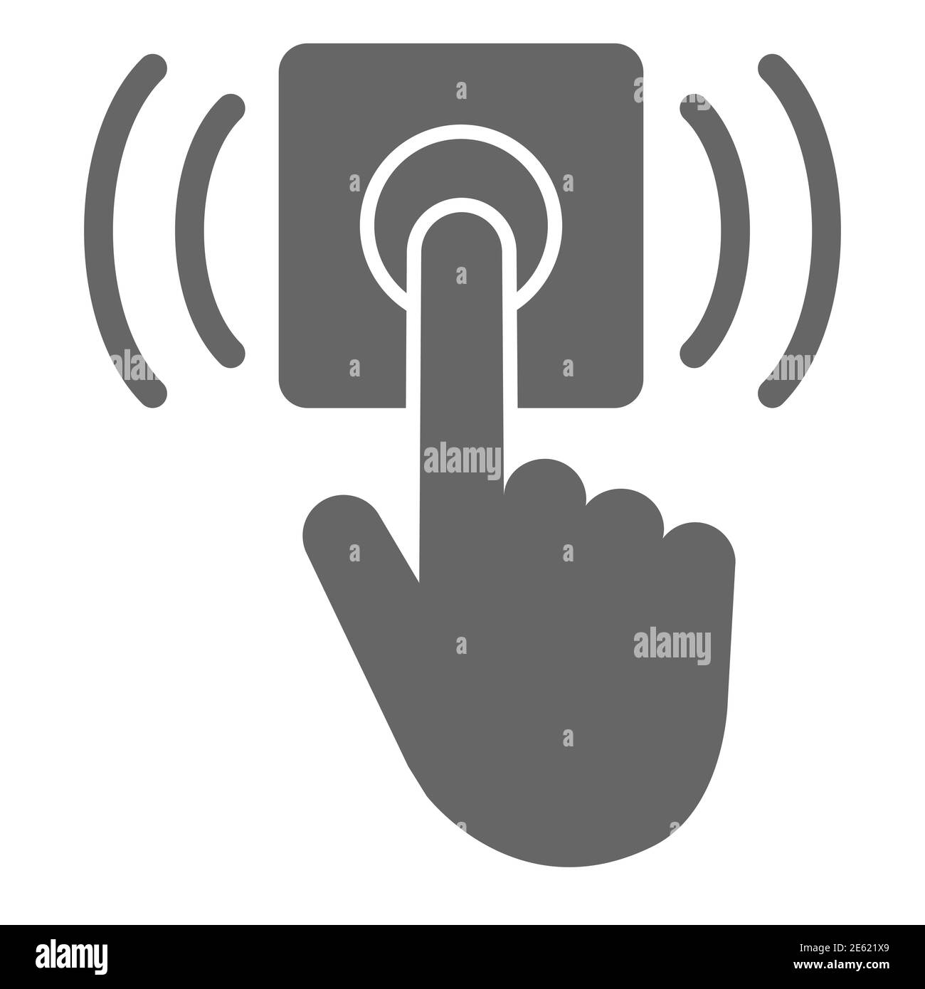 Icône de sonnerie de porte en continu, symbole de livraison, signe  vectoriel de bouton-poussoir de cloche à la main sur fond blanc, doigt  appuyant sur l'icône de cloche de porte en style