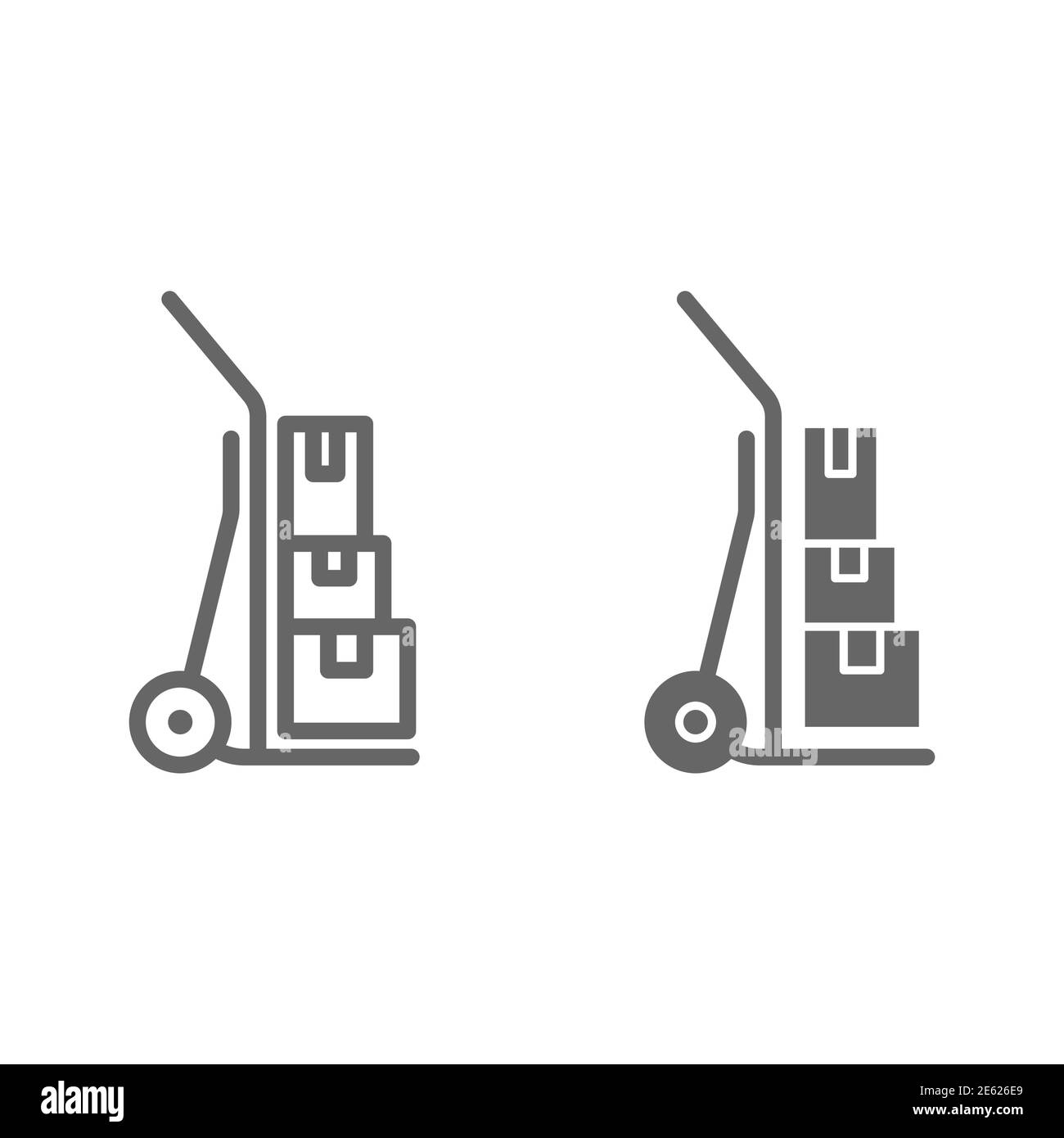 Ligne de chariot élévateur et icône pleine, symbole de livraison, panneau vecteur de chariot manuel sur fond blanc, chariot de livraison avec icône de boîte en forme de contour pour Illustration de Vecteur