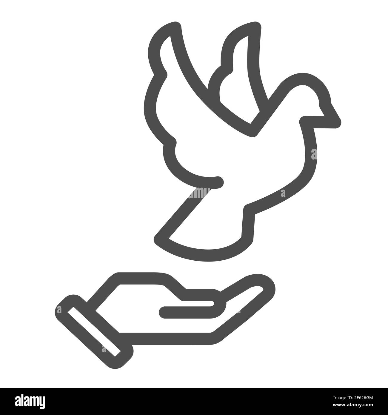 Icône de la ligne de colombe sur la main, concept de la Journée mondiale de la paix, pigeon volant et signe de palmier humain sur fond blanc, symbole de main de personne et d'oiseau pour le style de contour Illustration de Vecteur