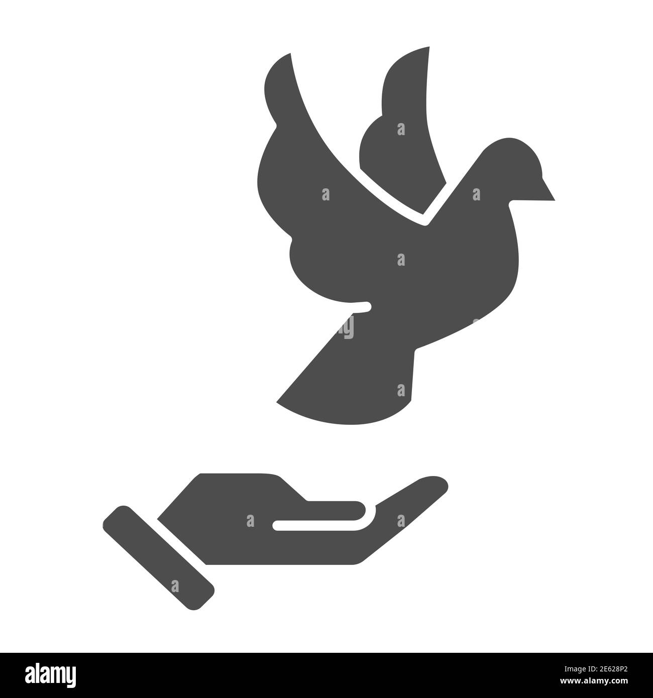 Dove on Hand Solid Icon, concept de la Journée mondiale de la paix, pigeon volant et palmier humain signe sur fond blanc, la main de personne et le symbole d'oiseau style glyphe pour Illustration de Vecteur