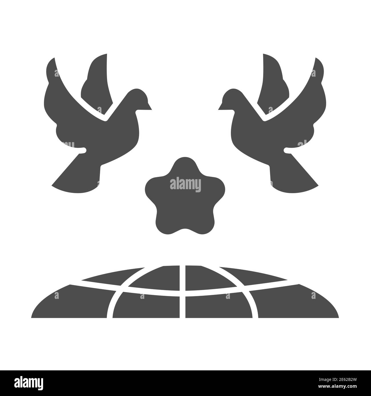 Colombes et planète Terre icône solide, concept de la Journée internationale de la paix, oiseaux volants sous globe signe sur fond blanc, deux pigeons avec étoile Illustration de Vecteur