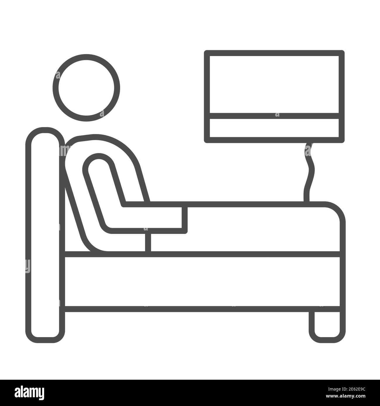 Restez au lit avec l'icône de la ligne mince de grippe, le traitement à domicile dans le concept Covid-19, l'homme malade allongé dans le signe de lit sur fond blanc, le repos de lit et l'icône de récupération Illustration de Vecteur