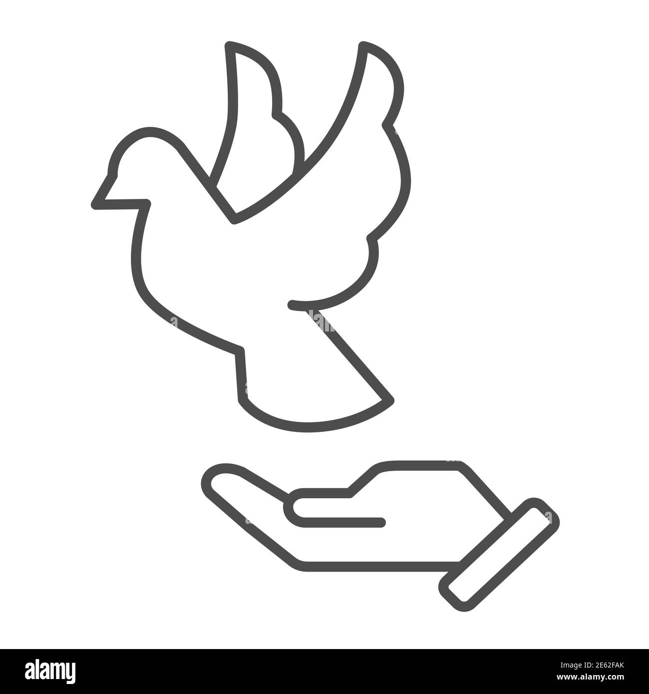 Icône de ligne mince Dove on Hand, concept de la Journée mondiale de la paix, pigeon volant et palmier humain sur fond blanc, style de contour de la main et du symbole d'oiseau Illustration de Vecteur