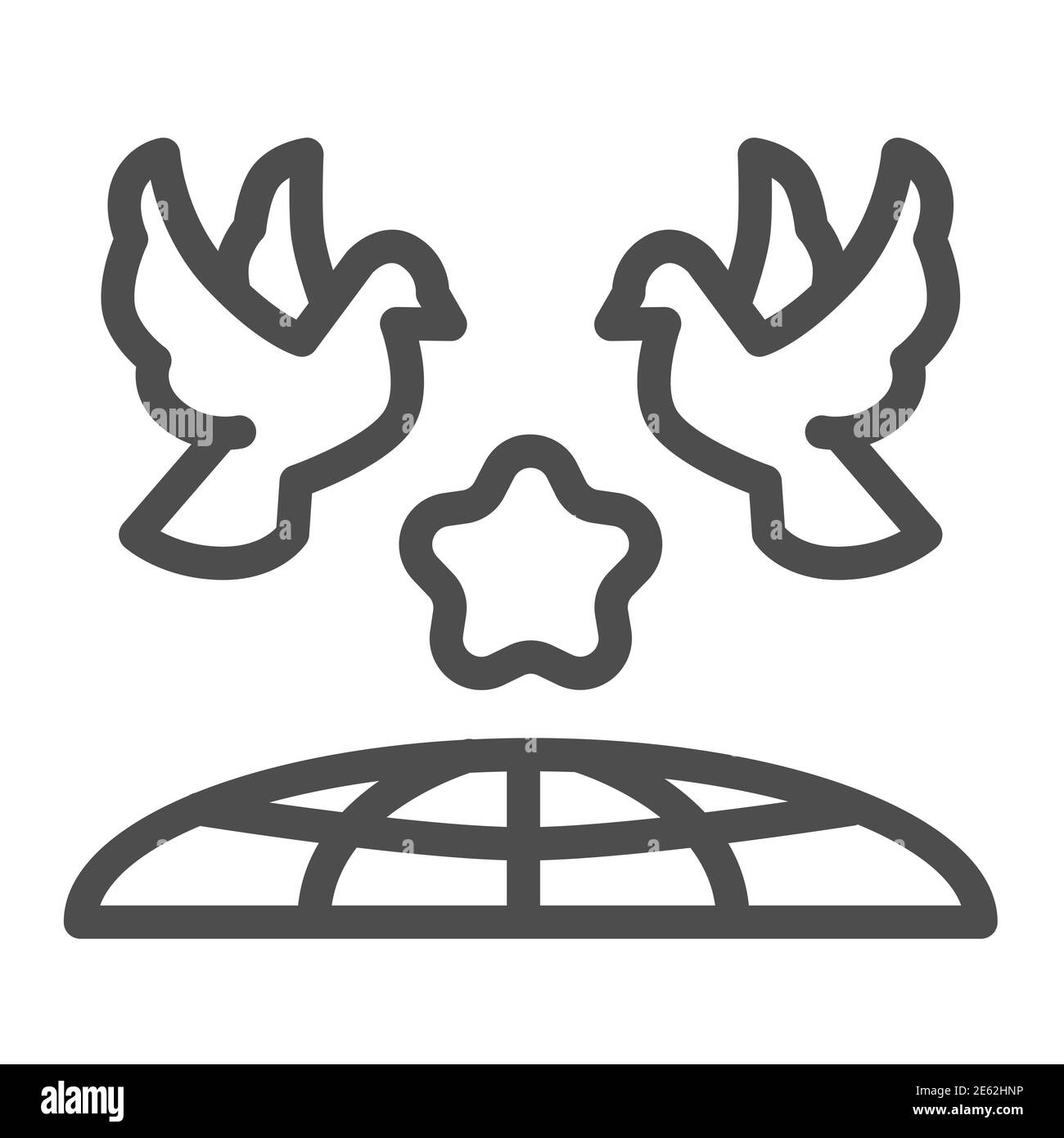 Doves et icône de la ligne de terre de la planète, concept de la Journée internationale de la paix, oiseaux volants sous le globe signe sur fond blanc, deux pigeons avec étoile Illustration de Vecteur