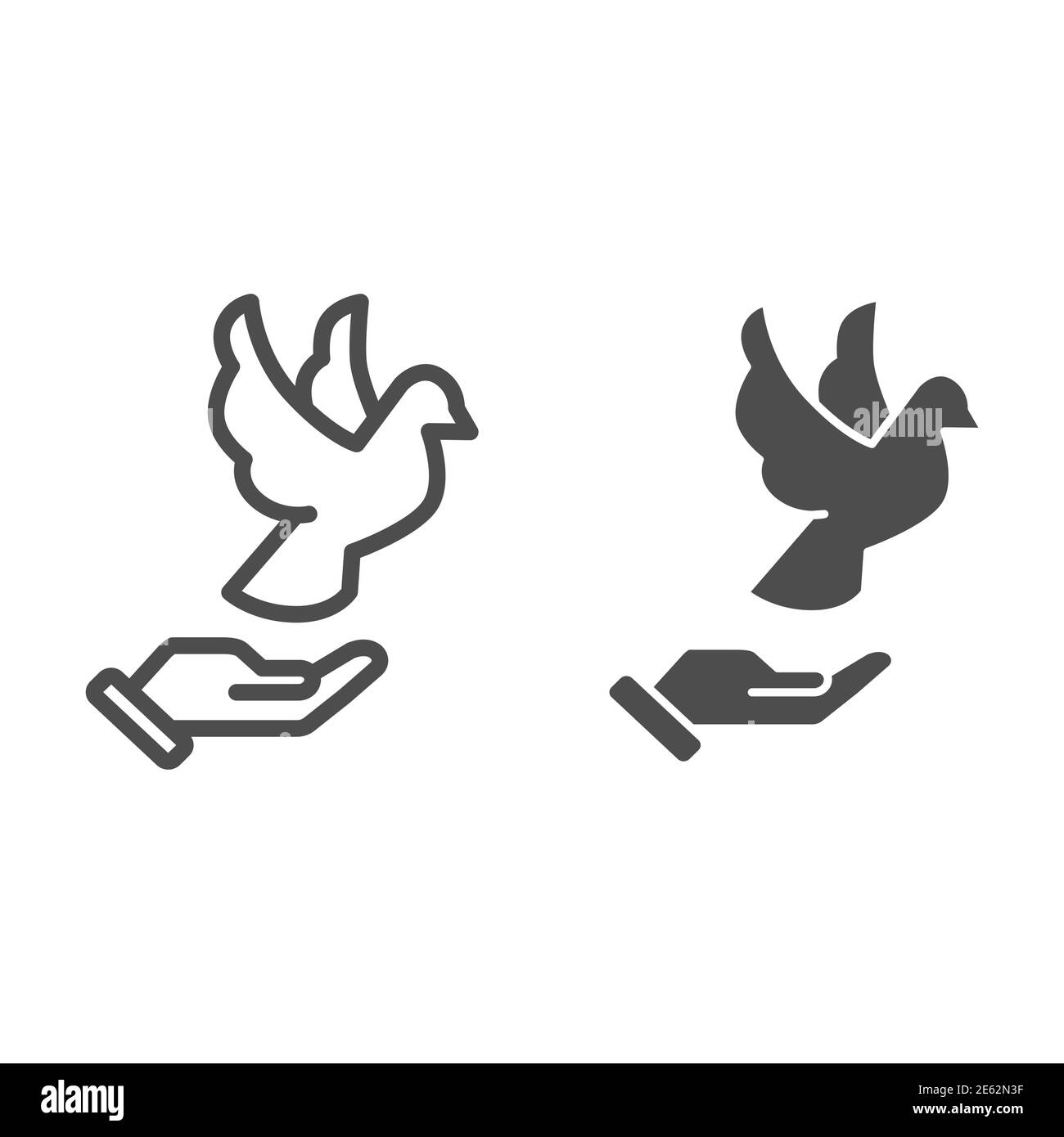 Ligne de colombe sur la main et icône solide, concept de la Journée mondiale de la paix, pigeon volant et palmier humain sur fond blanc, contour de symbole de main de personne et d'oiseau Illustration de Vecteur