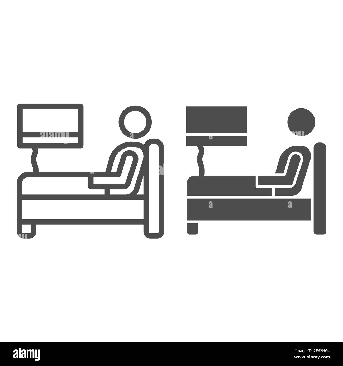 Restez au lit avec la ligne de grippe et l'icône solide, traitement à domicile dans le concept Covid-19, homme malade allongé dans le signe de lit sur fond blanc, le repos de lit et la récupération Illustration de Vecteur