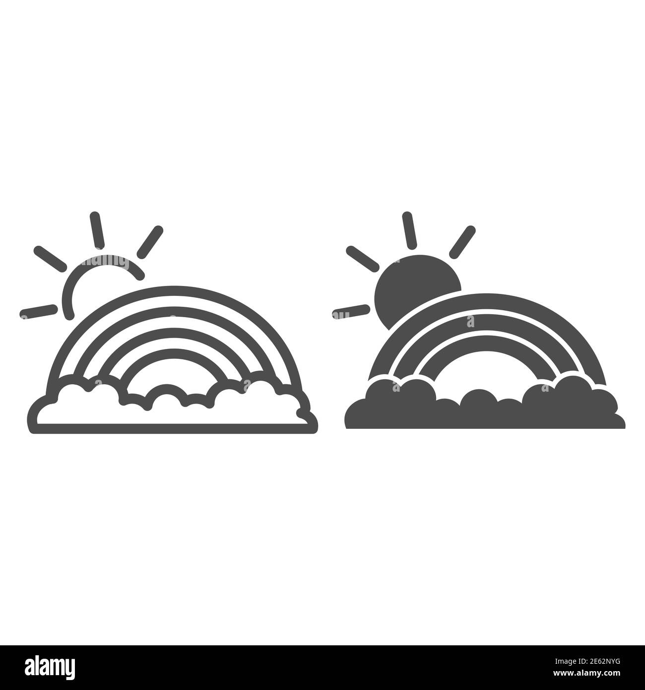 Arc-en-ciel et soleil ligne et icône solide, enfance en été concept, temps ensoleillé après la pluie signe sur fond blanc, arc-en-ciel avec des nuages et le soleil Illustration de Vecteur