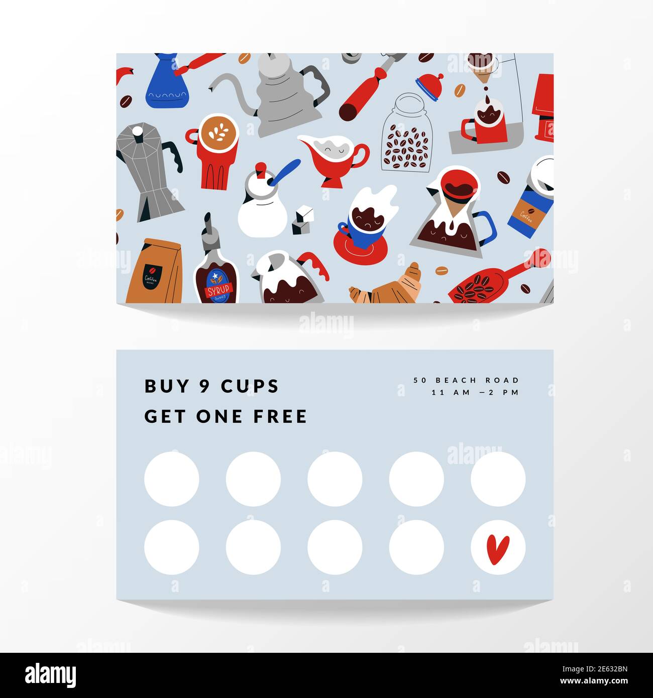 Modèle de carte café, mise en page vectorielle pour le programme de fidélité. Design minimaliste avec illustrations modernes de tasses à café et de tasses. Illustration de Vecteur