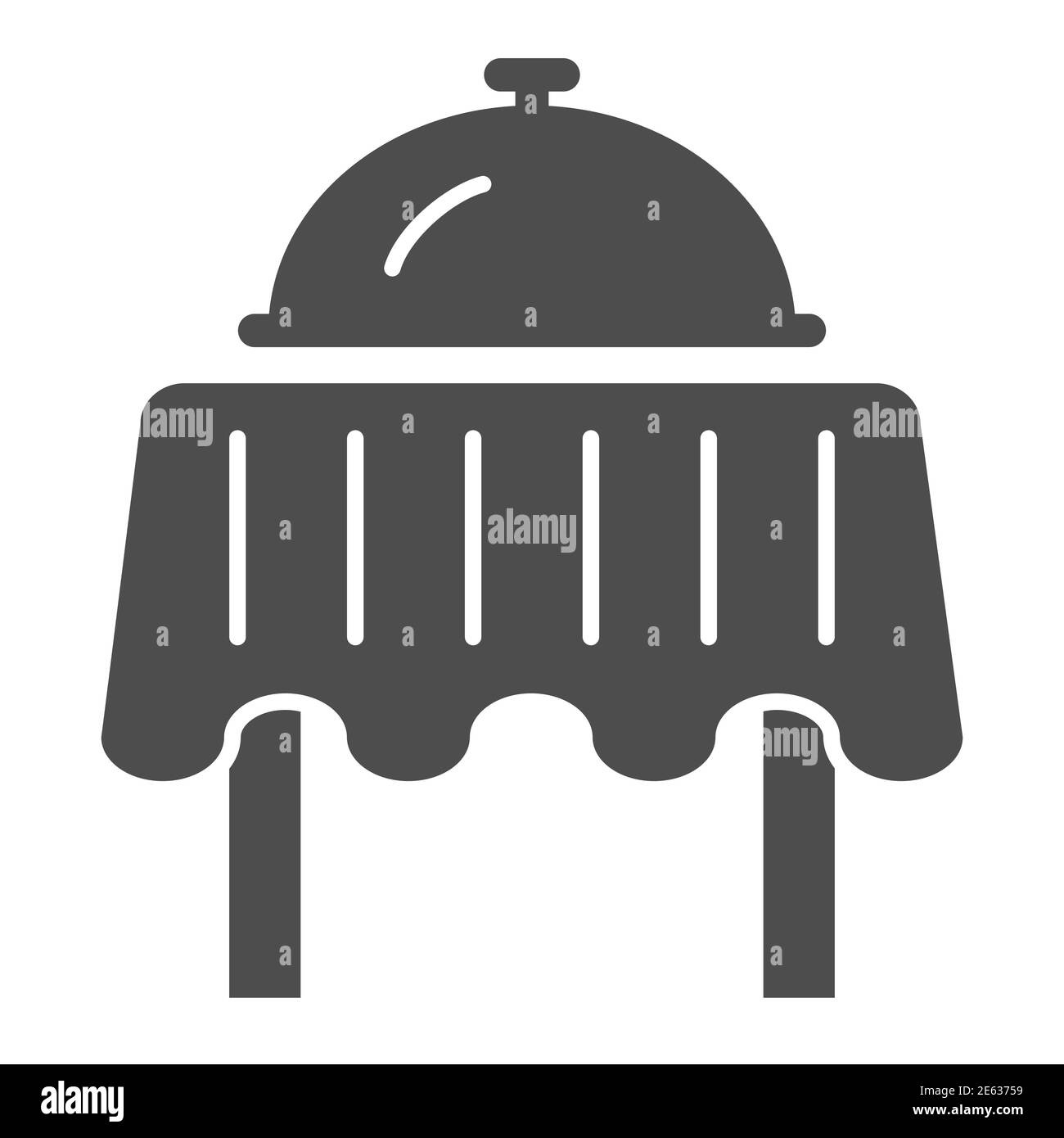 Table de restaurant avec icône de plateau solide, concept de dîner, enseigne de plateau de petit déjeuner sur fond blanc, assiette avec couvercle sur l'icône de table en style glyphe pour Illustration de Vecteur