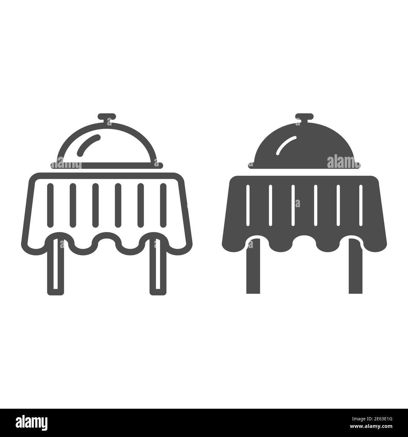 Table de restaurant avec ligne de plateau et icône solide, concept de dîner, affiche de plateau de petit déjeuner sur fond blanc, assiette avec couvercle sur icône de table dans Illustration de Vecteur