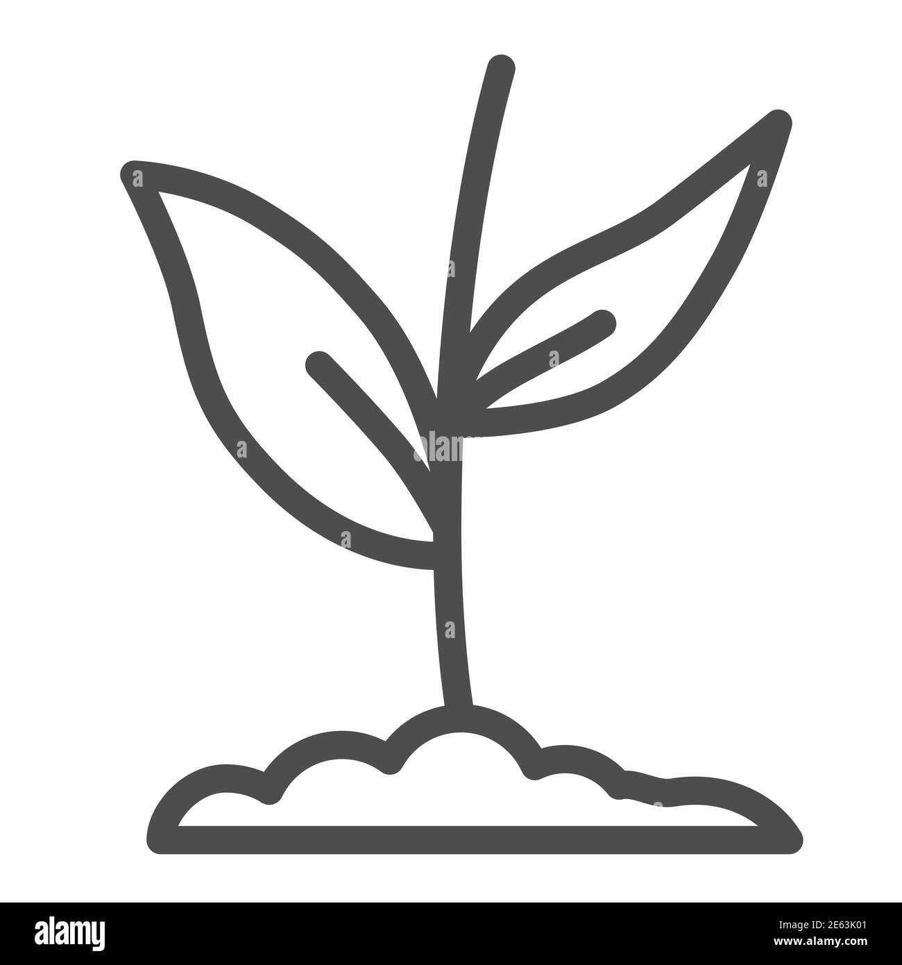 La plante pousse en icône de la ligne de sol, concept de la nature, fleur de plante dans le symbole du sol sur fond blanc, germe avec deux feuilles icône en style de contour pour Illustration de Vecteur
