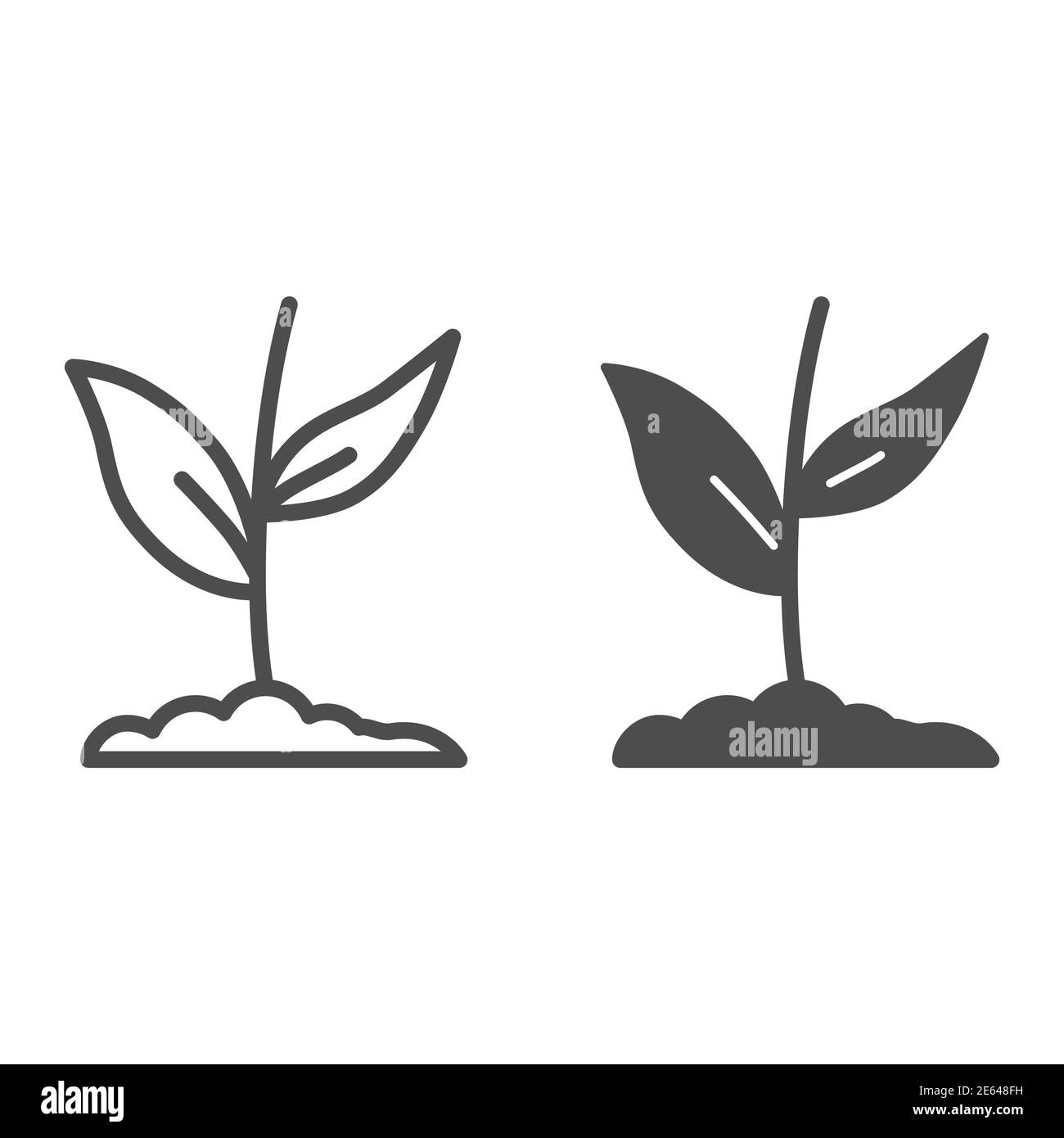 La plante pousse en ligne de sol et icône solide, nature concept, fleur de plante dans le symbole de sol sur fond blanc, germe avec deux icône de feuilles dans le contour Illustration de Vecteur