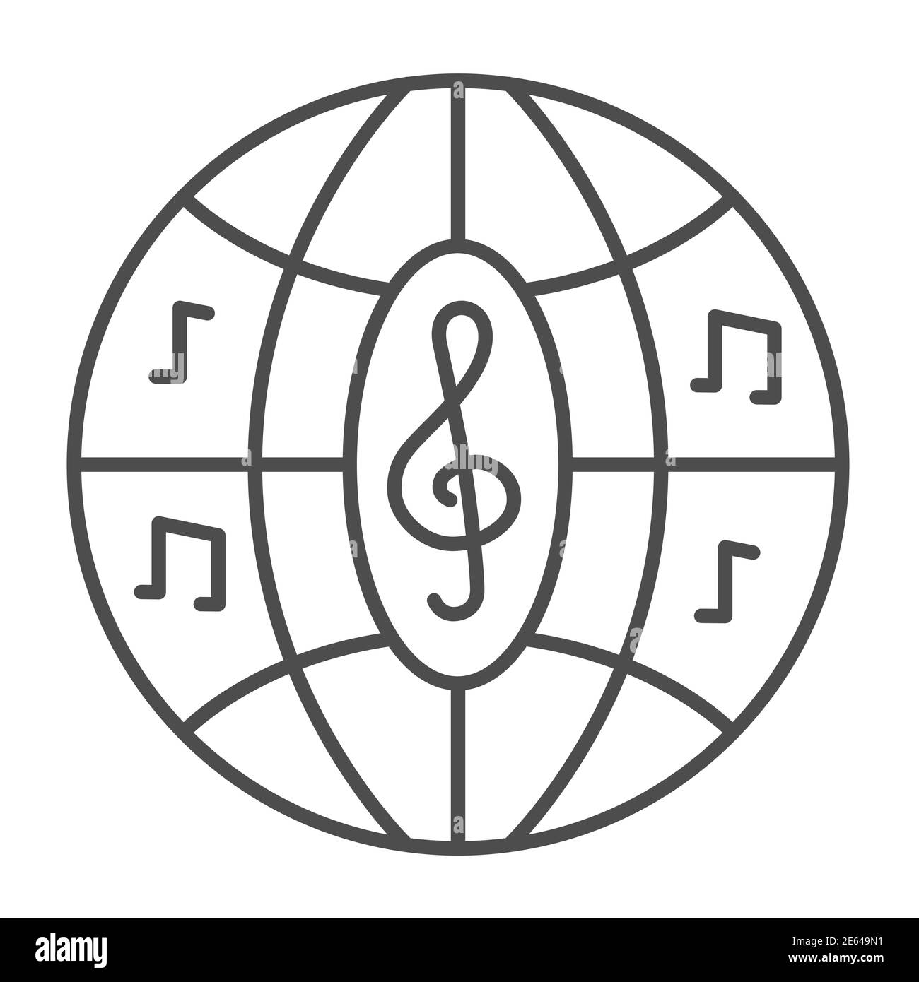 Musique disco boule fine ligne icône, Music festival concept, boîtes de nuit disco sphère signe sur fond blanc, Party ball avec notes icône dans le contour Illustration de Vecteur