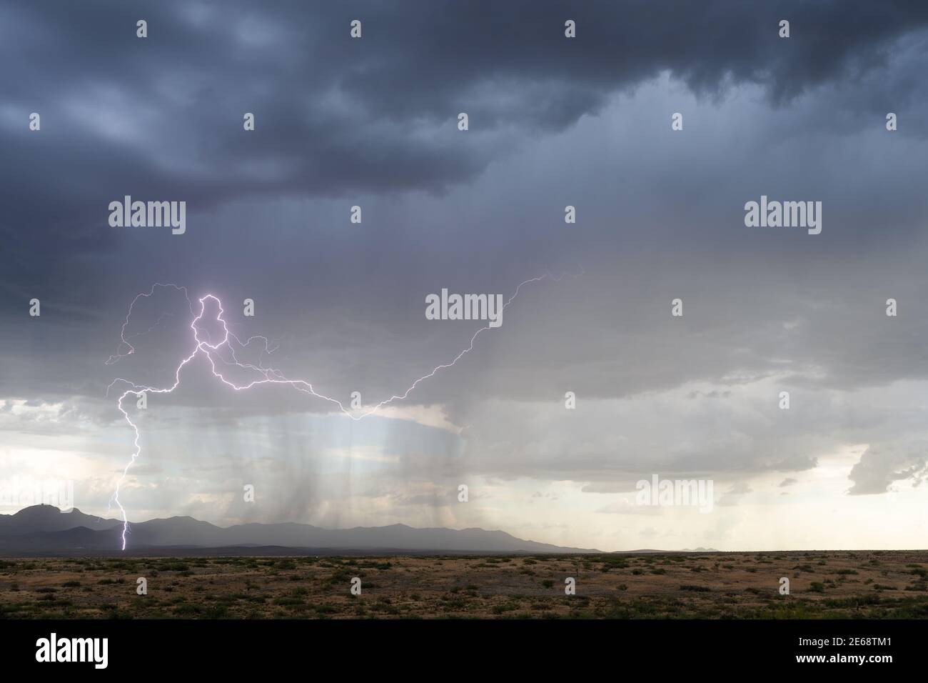 Ciel orageux avec un coup de foudre dans les montagnes Chiricahua lors d'un orage de mousson près de Willcox, en Arizona Banque D'Images