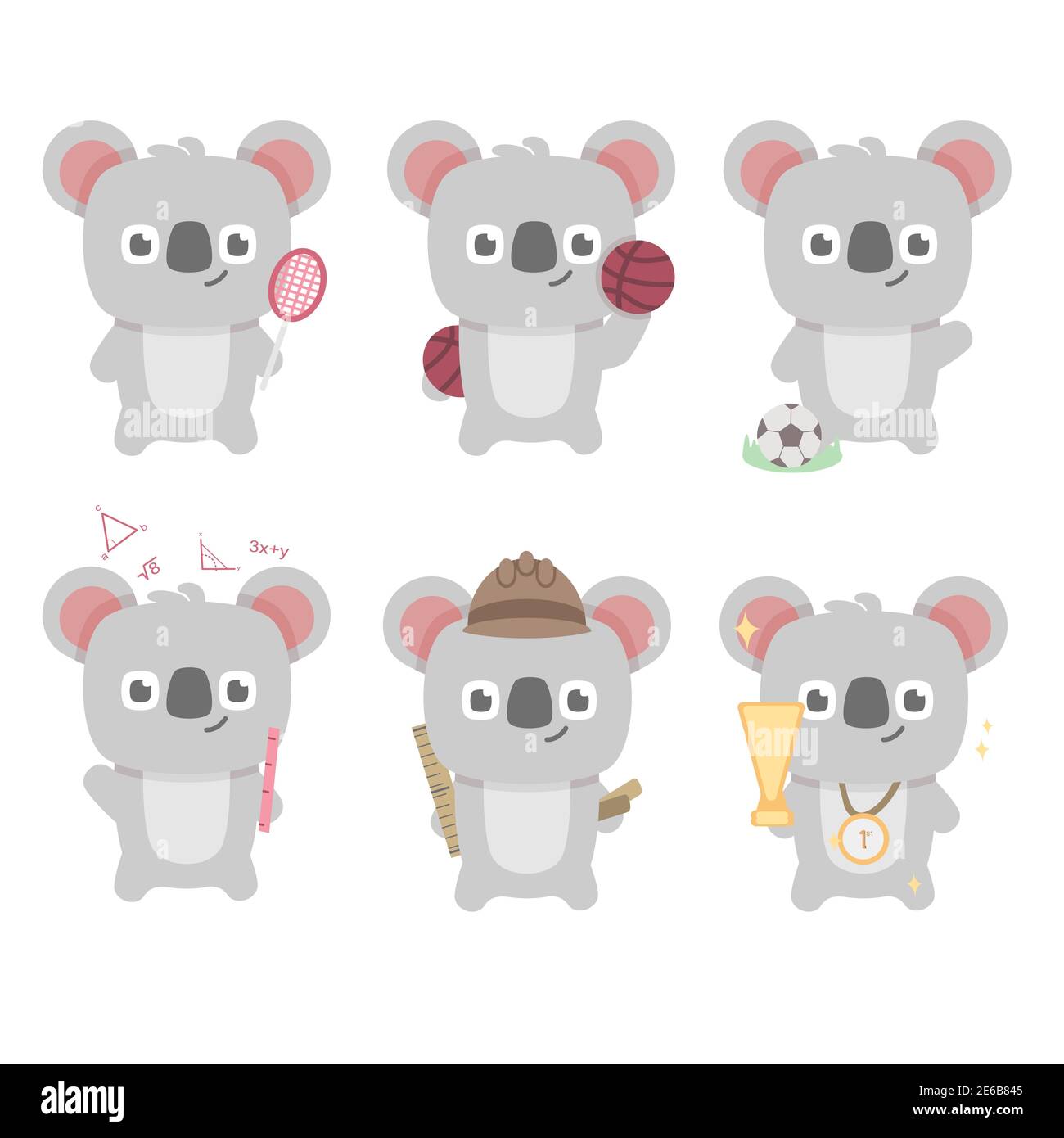 koala jeu de caractères collection mascotte mignon animal football tennis basket-ball vainqueur de la course de gym de l'élève scout avec un style de dessin animé plat Illustration de Vecteur