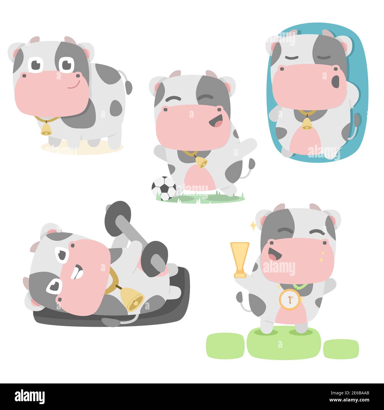 jeu de caractères de vache collection mascotte mignon animal football gym course grand gagnant avec un style de dessin animé plat Illustration de Vecteur