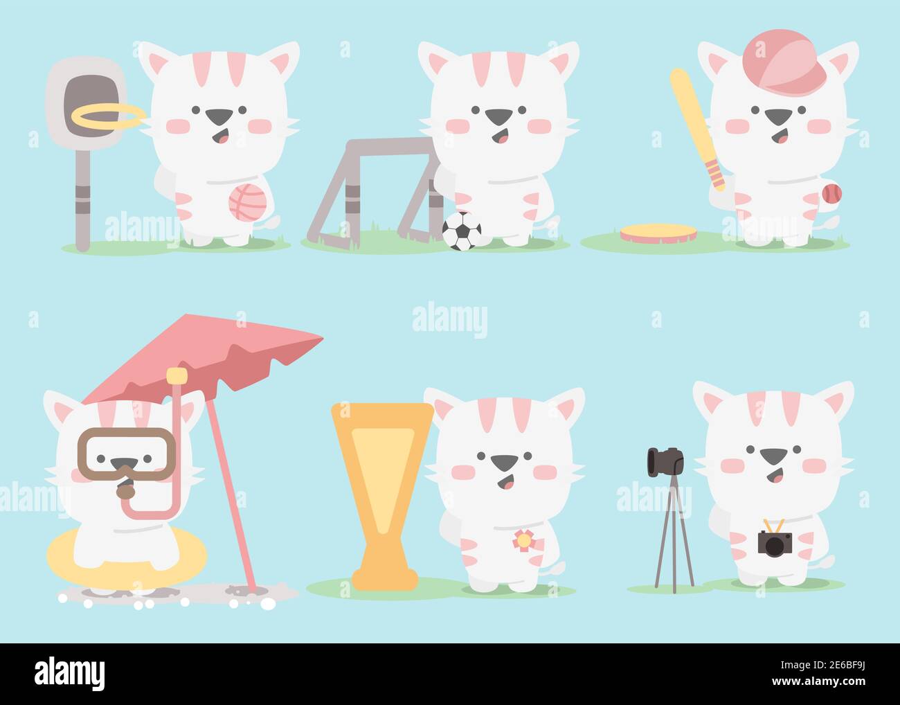 ensemble de personnages pour chats collection mascotte adorable animal base de football de basket-ball photographie du gagnant de la plongée avec tuba de balle avec un style de dessin animé plat Illustration de Vecteur