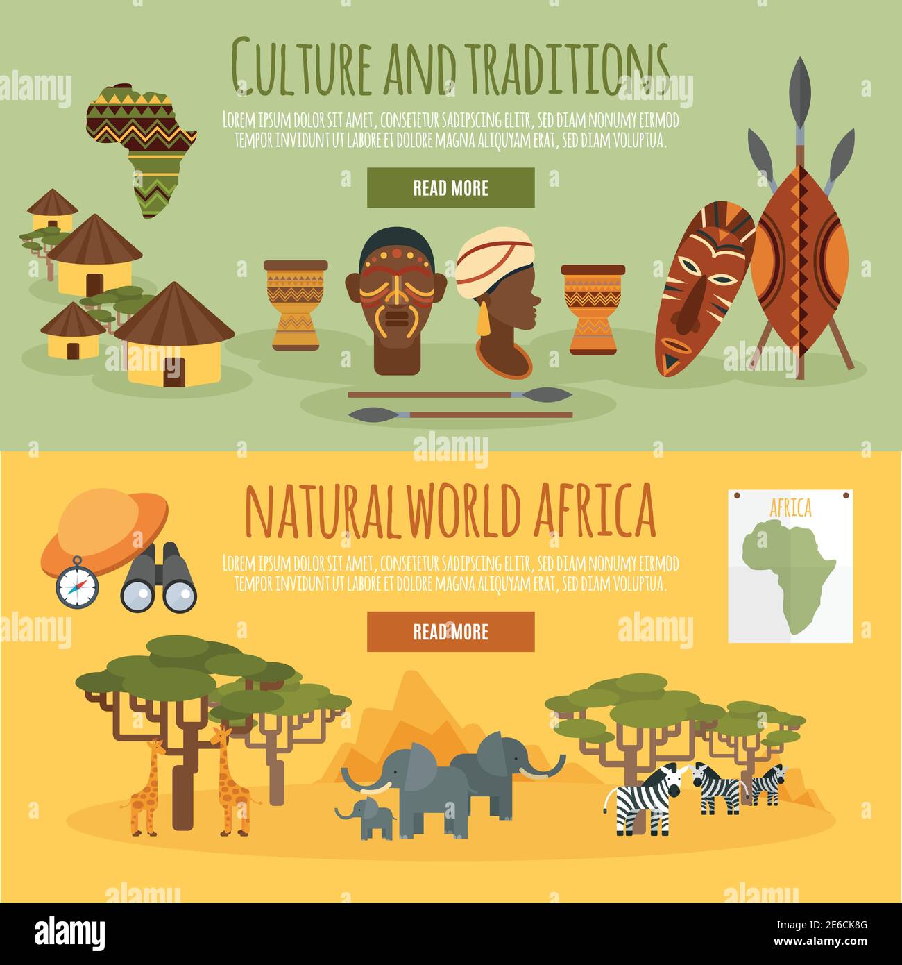 Culture et traditions de la nature africaine site interactif page web 2 plat bannières horizontales conception abstraite illustration vectorielle isolée Illustration de Vecteur