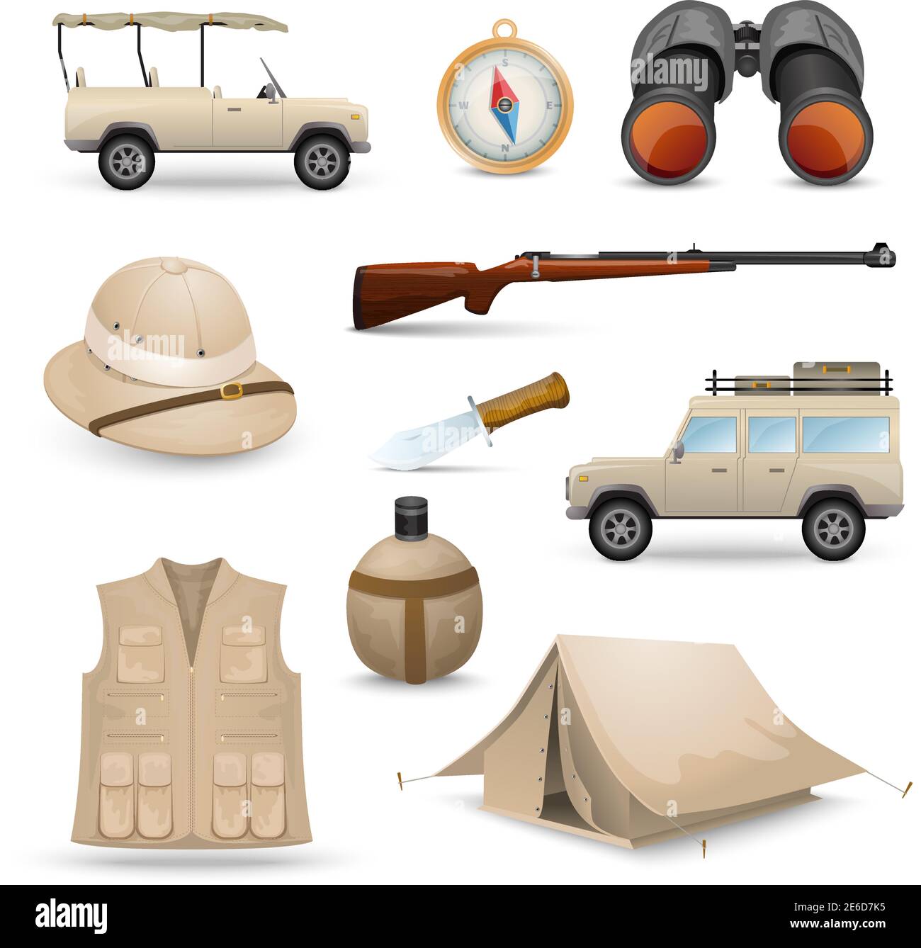 Safari icônes pour la chasse de savane avec des munitions touristiques vecteur isolé illustration Illustration de Vecteur