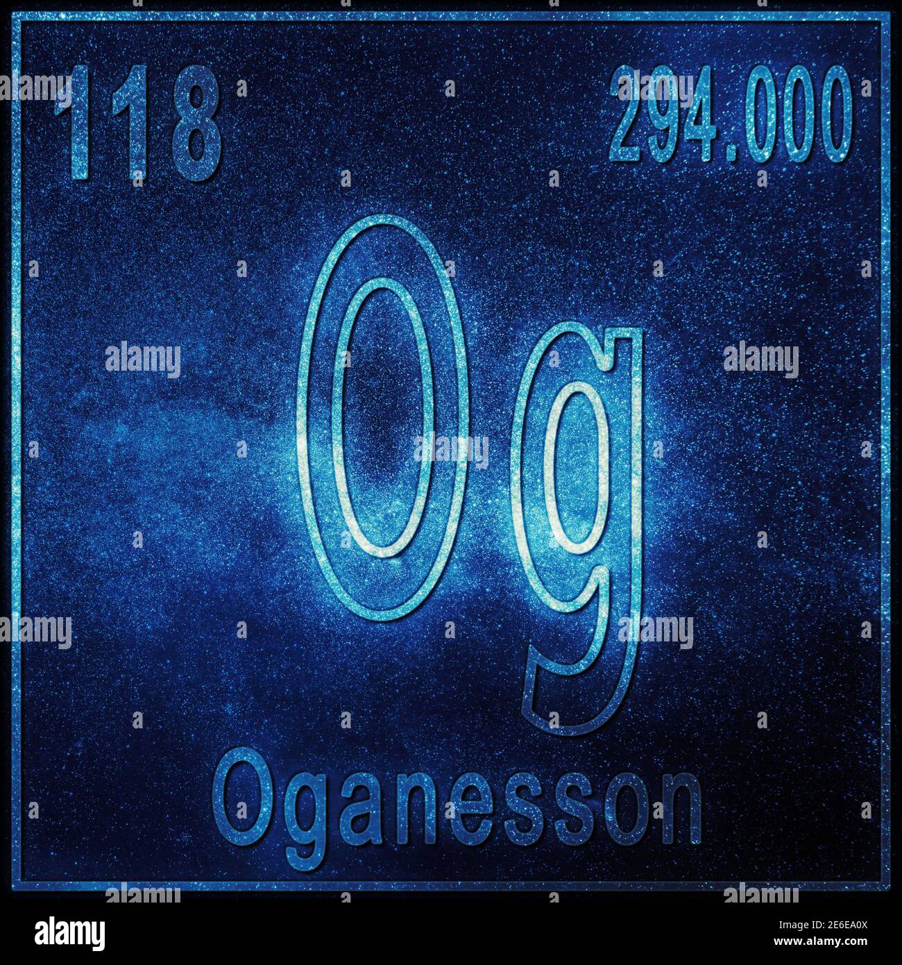 Élément chimique Oganesson, signe avec numéro atomique et poids atomique, élément du tableau périodique Banque D'Images