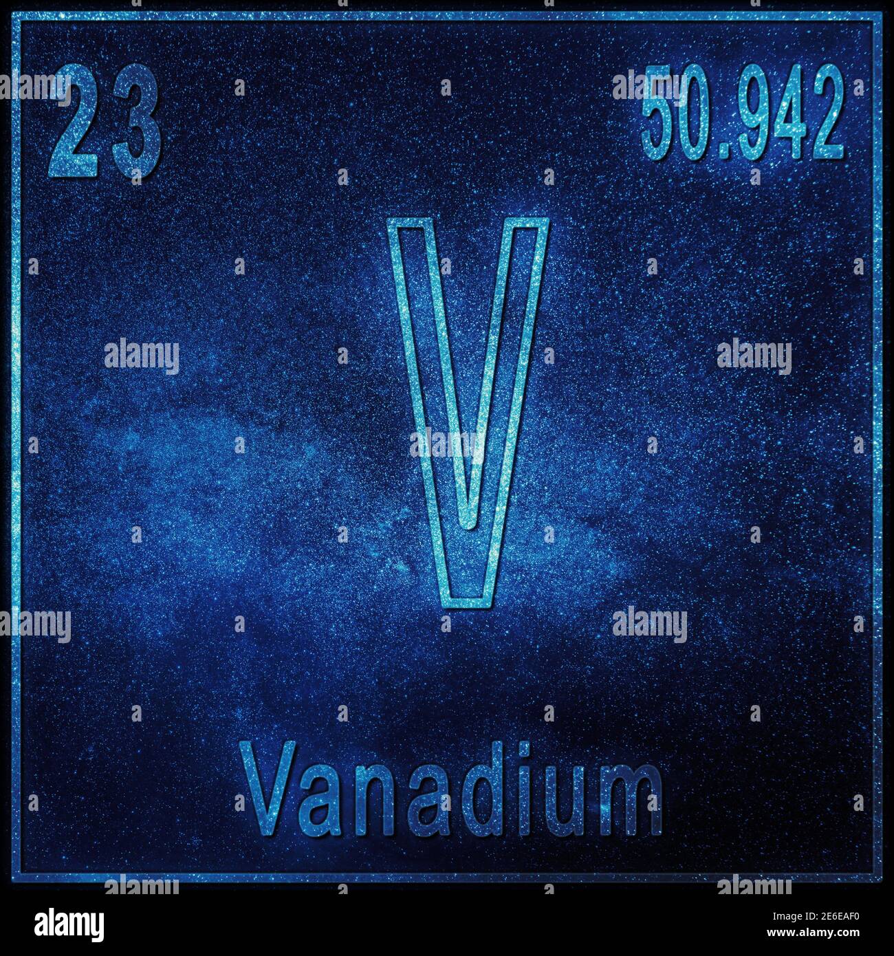 Élément chimique en vanadium, signe avec numéro atomique et poids atomique, élément du tableau périodique Banque D'Images