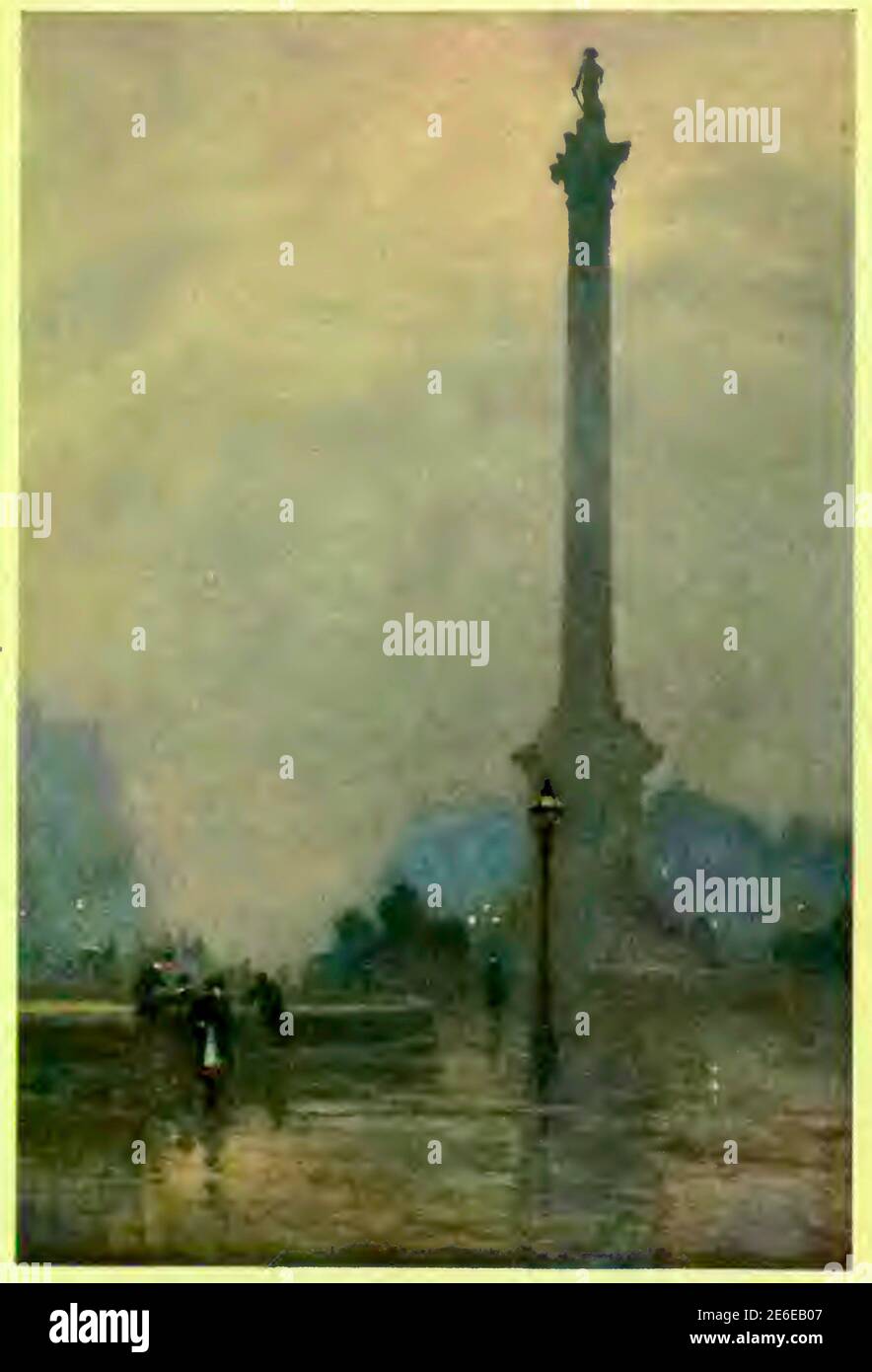 La peinture Rose Barton donne droit à la colonne de Nelson dans un brouillard. Banque D'Images