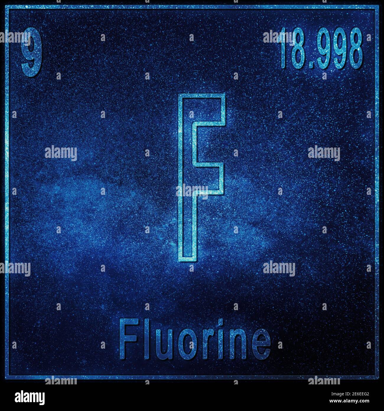 Élément chimique fluor, signe avec numéro atomique et poids atomique, élément Tableau périodique Banque D'Images