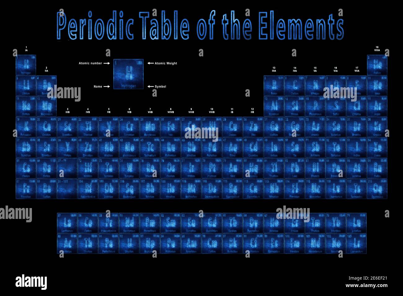 Tableau périodique des éléments, éléments chimiques, signe avec numéro atomique et poids atomique, Nouveau tableau périodique des éléments Banque D'Images