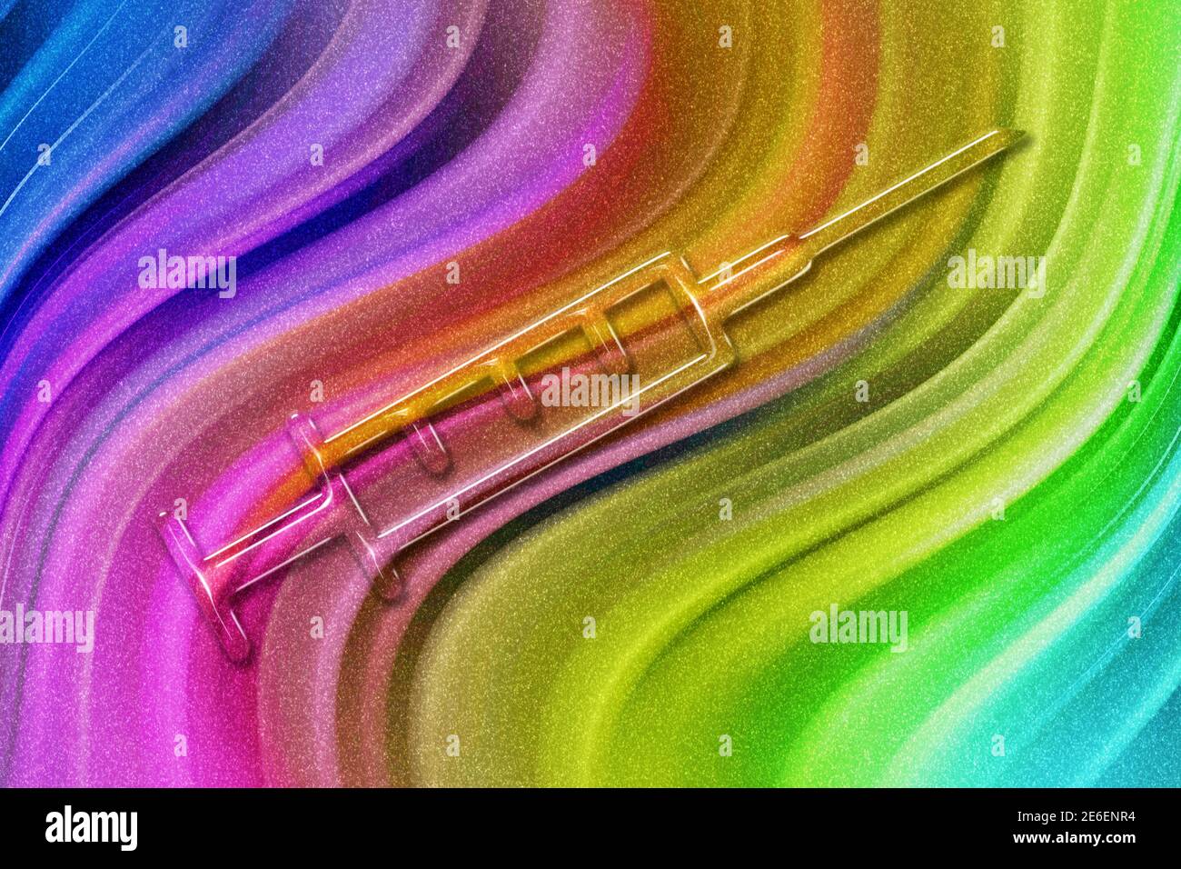 Symbole de seringue médicale, vaccination, concept d'arrêt du coronavirus, fond de paillettes arc-en-ciel Banque D'Images