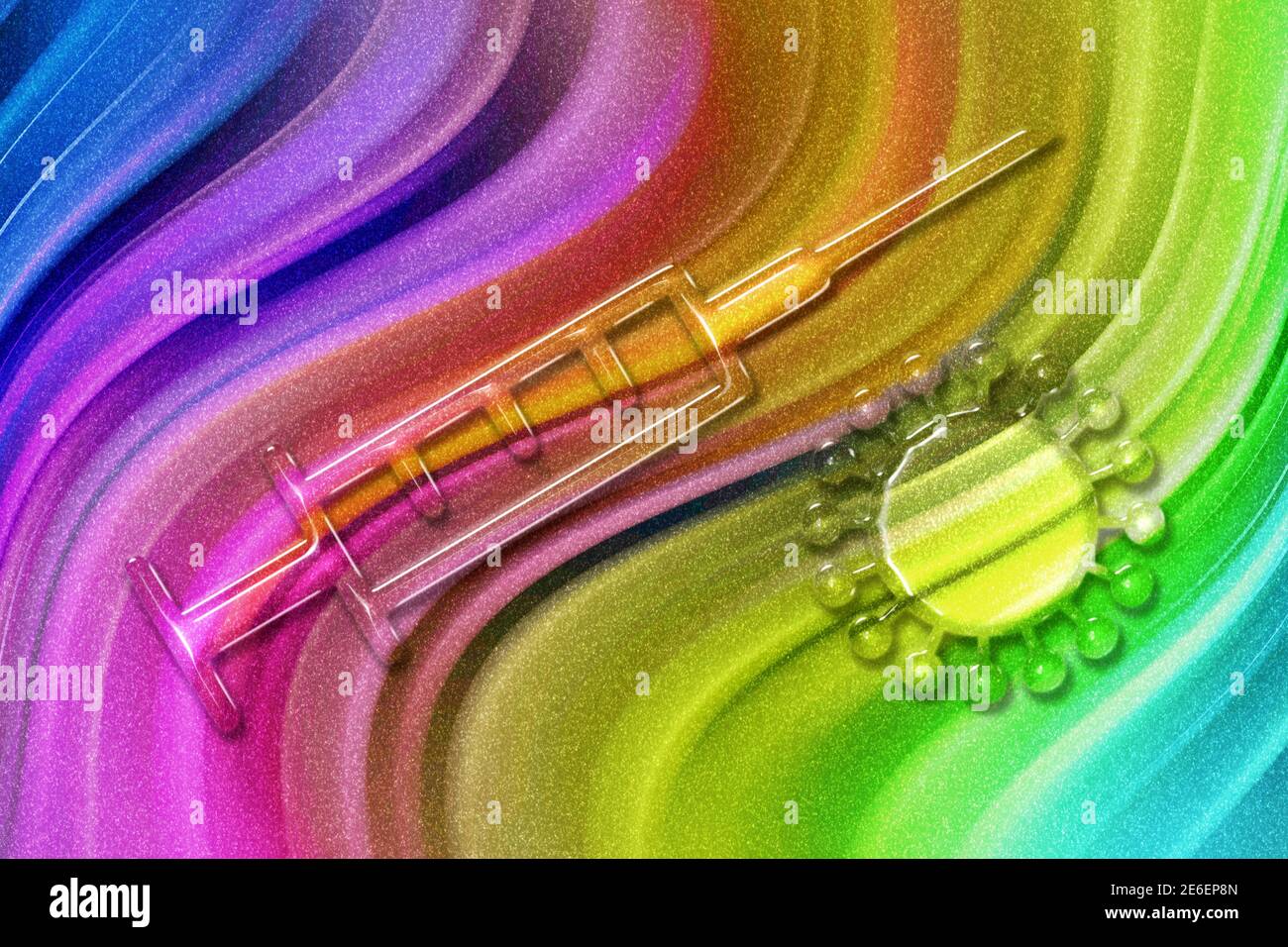Arrêter le concept du coronavirus, symbole de seringue médicale, vaccination, fond de paillettes arc-en-ciel Banque D'Images
