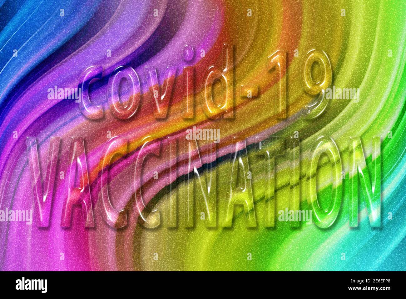Vaccination, médecine préventive, texte de vaccination pour la vaccination contre le coronavirus Covid 19, fond de paillettes arc-en-ciel Banque D'Images